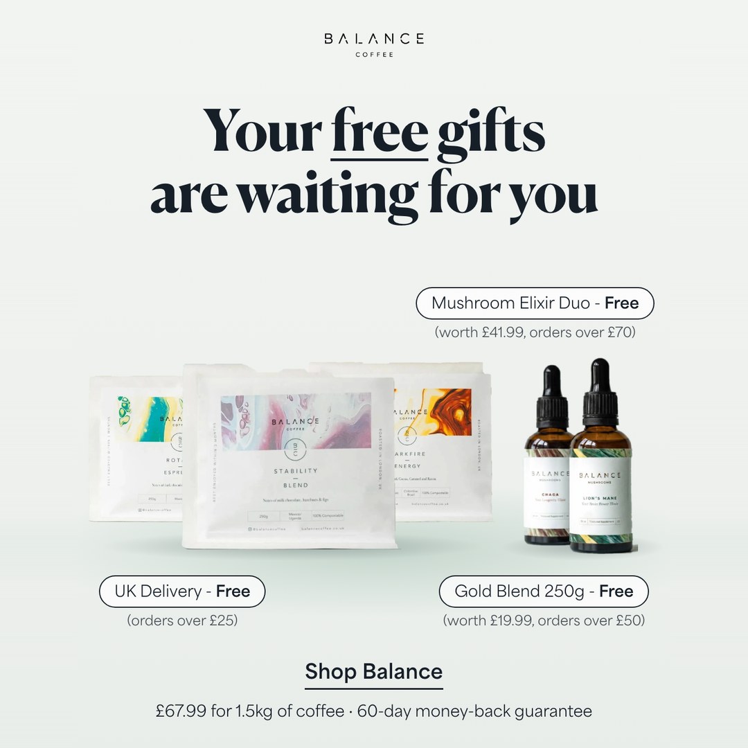 Free gifts: Gold Blend over £50, Mushroom Elixir Duo over £70, free UK delivery over £25